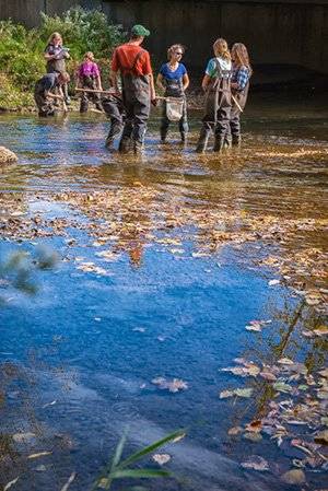 Professor and class in a river for field work