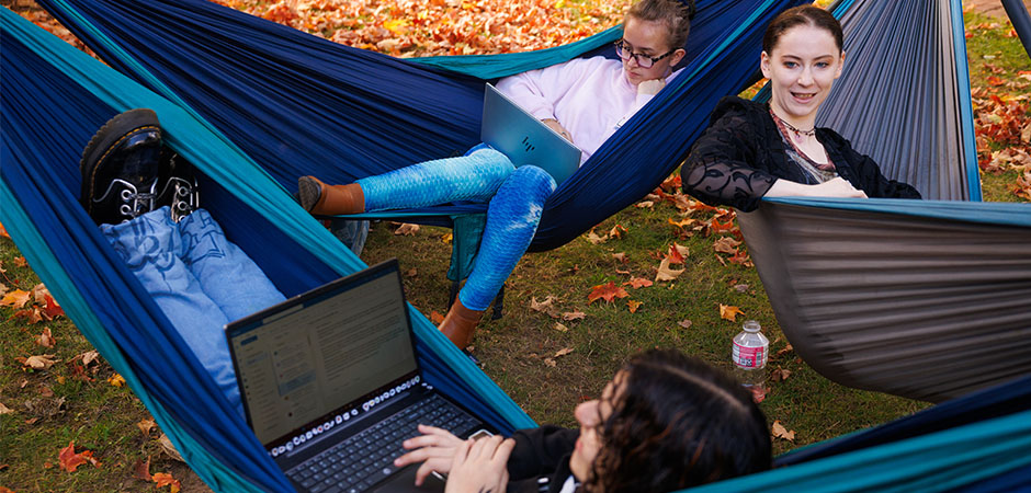 MCLA campus hammocks with students studying
