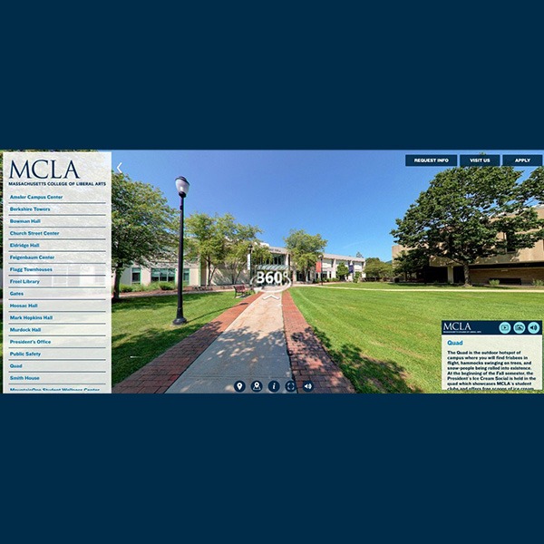 Virtual tour opening graphic of MCLA quad