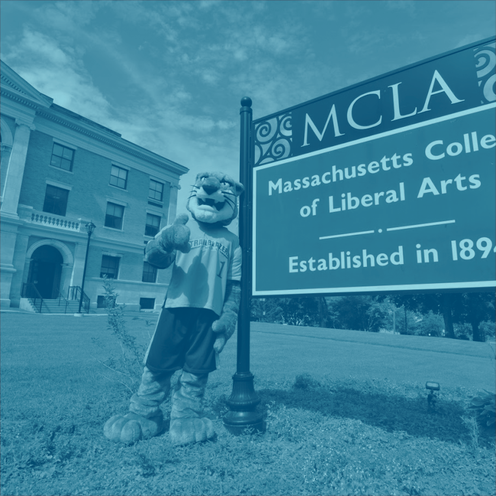 MCLA mascot in front of Murdock Hall