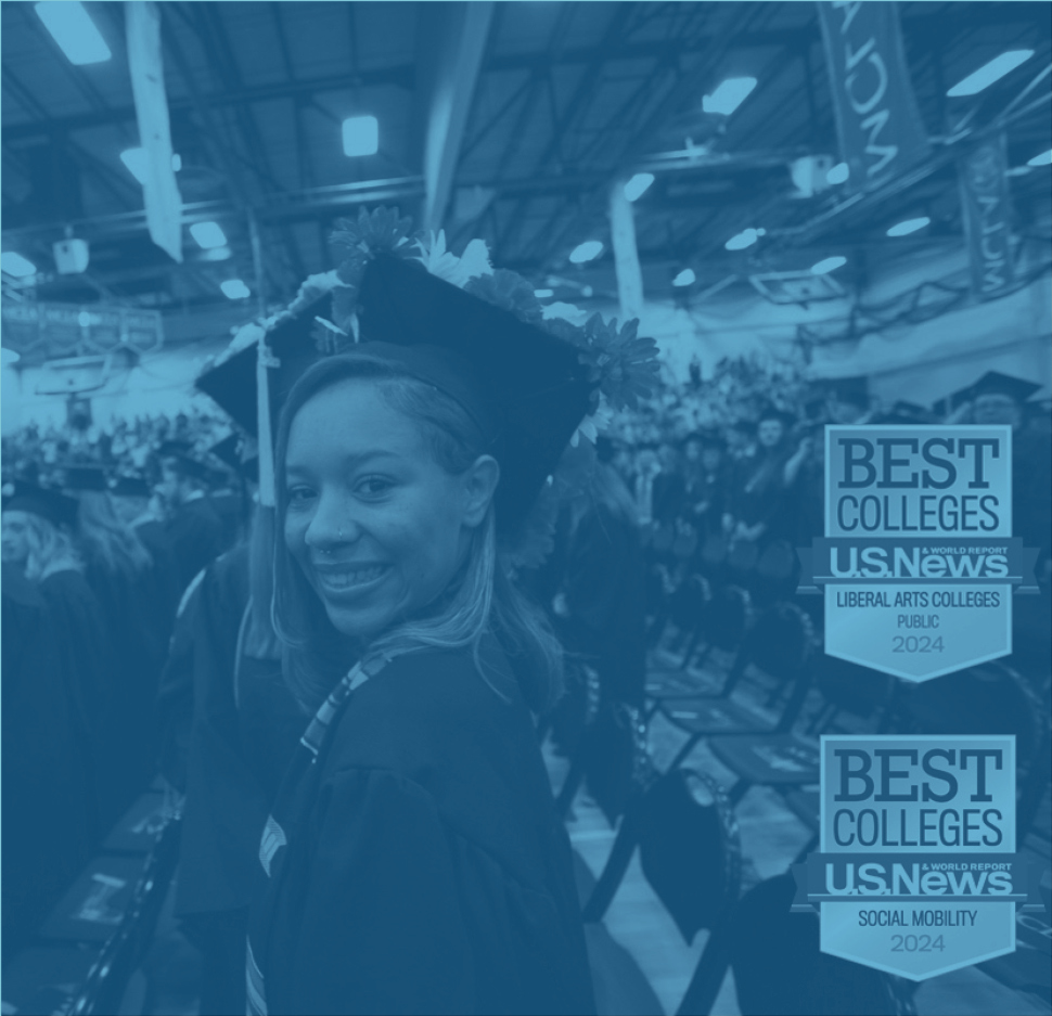 Student at graduation with US News Top Ten Badges overlayed duotone