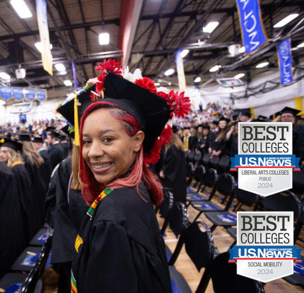 Student at graduation with US News Top Ten Badges overlayed