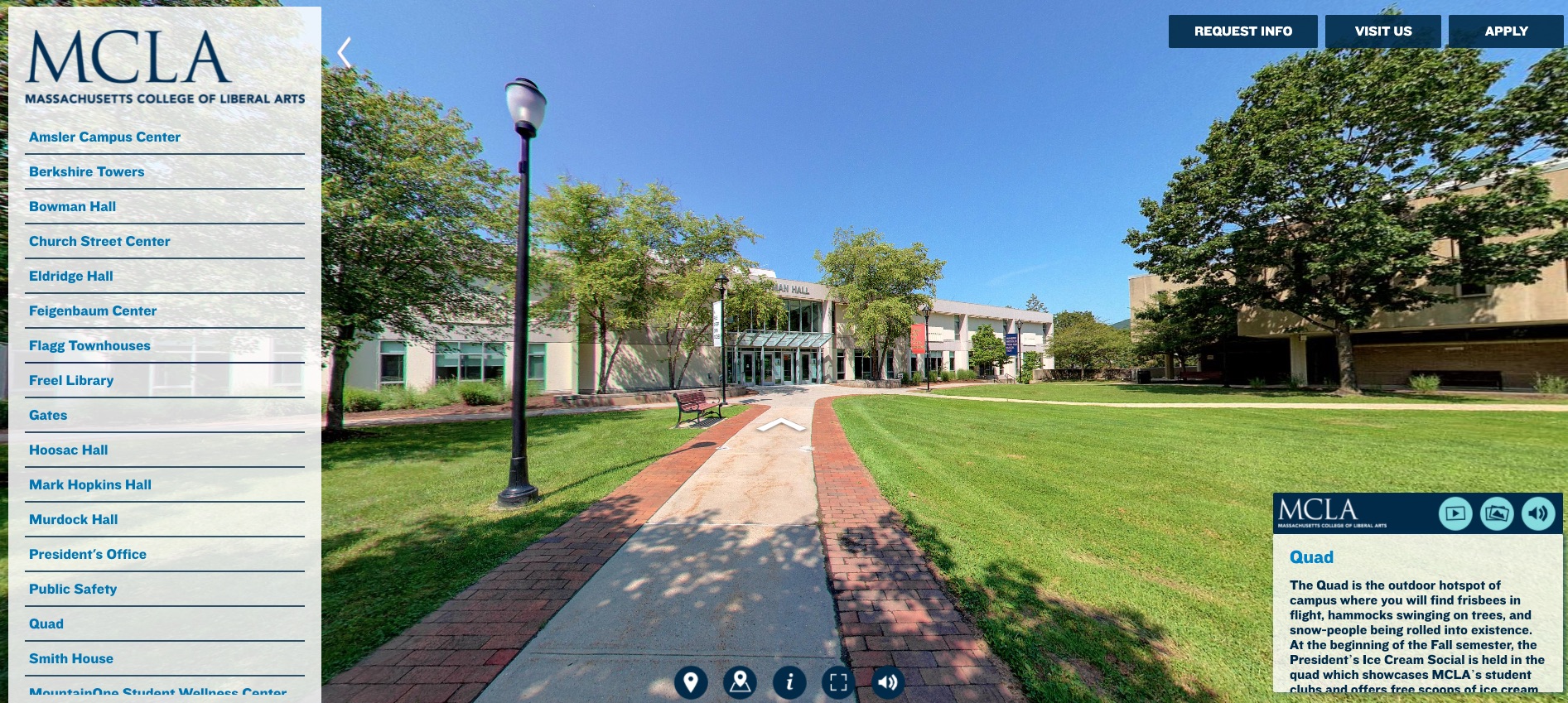 Students interested in visiting MCLA can now preview the campus by walking through it online. MCLA’s Office of Admission has released a new virtual tour that lets students explore the campus and tour classrooms, residence areas, and other campus landmarks. 