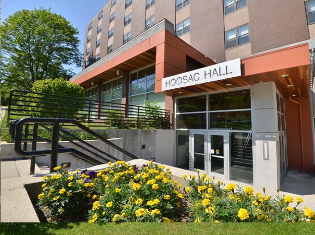 The front of MCLA's Hoosac Hall in spring