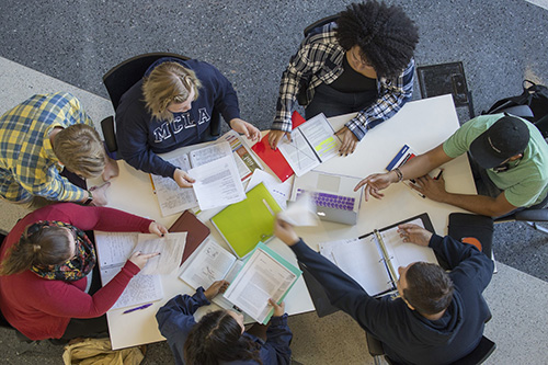 Students studying around a table